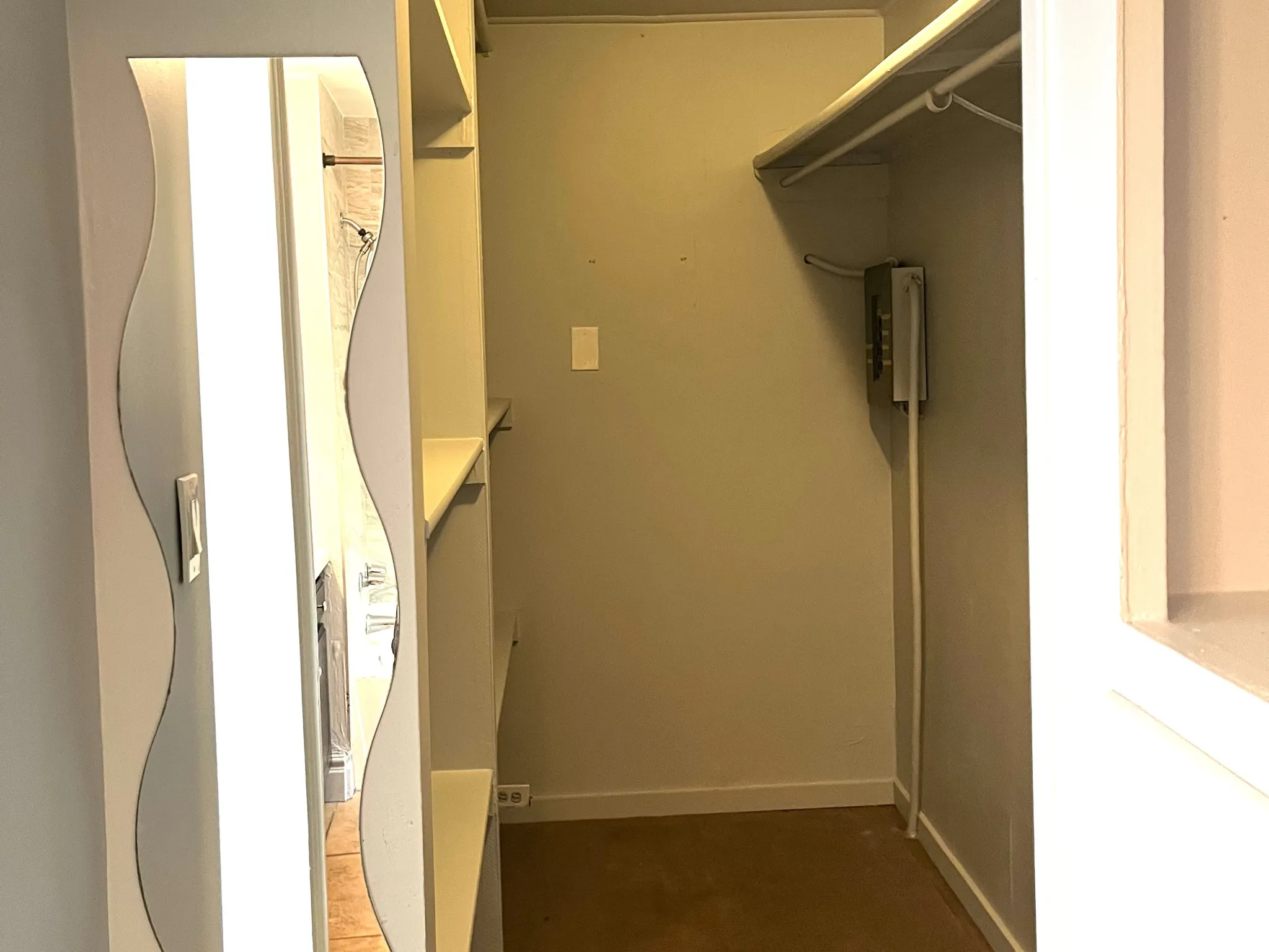 Walk-in closet featuring built-in shelving, clothes hanging rod, and ceiling-mounted dome light fixture