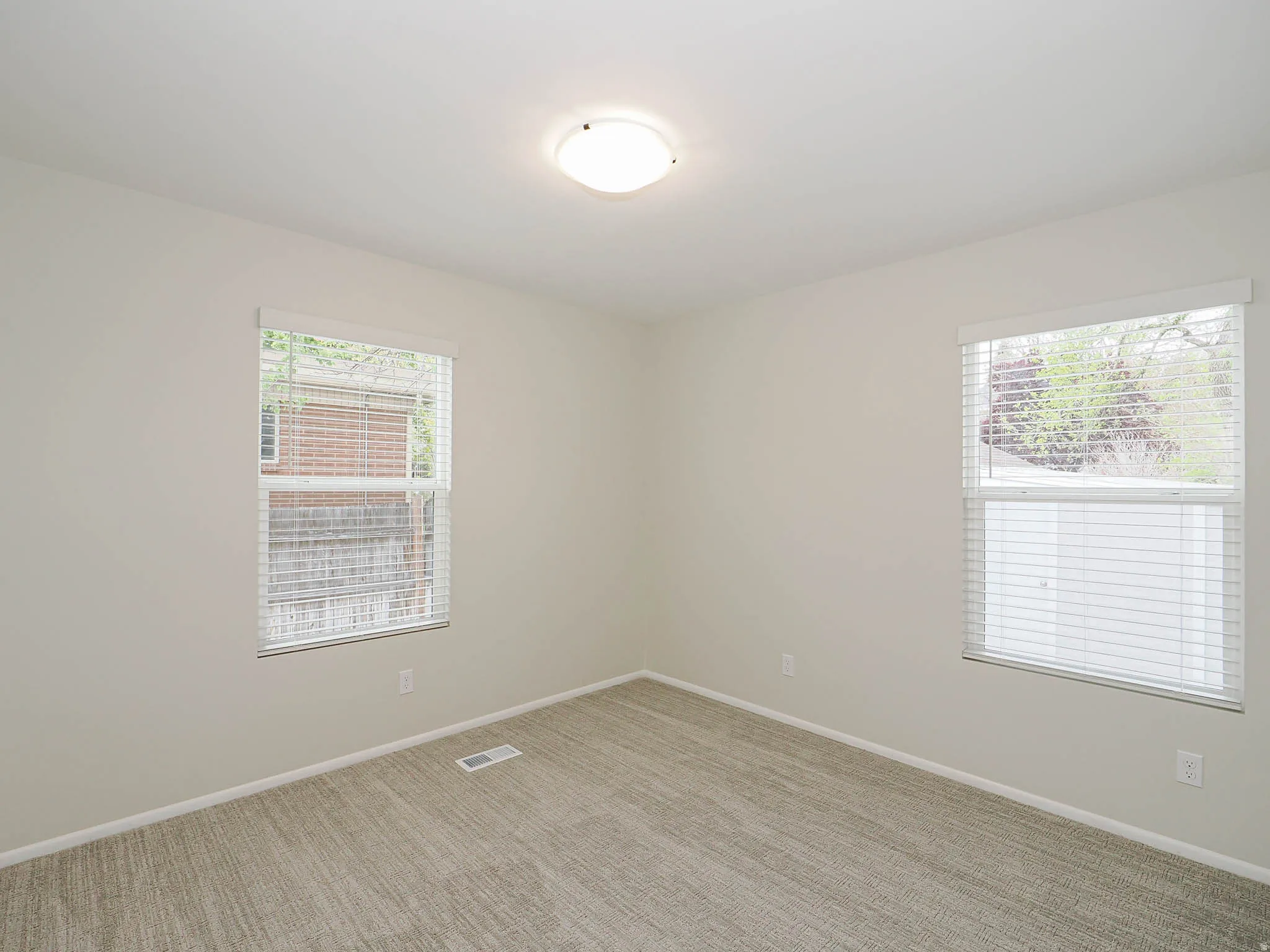Neutral-toned wall finishes, two windows with horizontal blinds, gray carpet flooring, white trim, and a ceiling-mounted light fixture