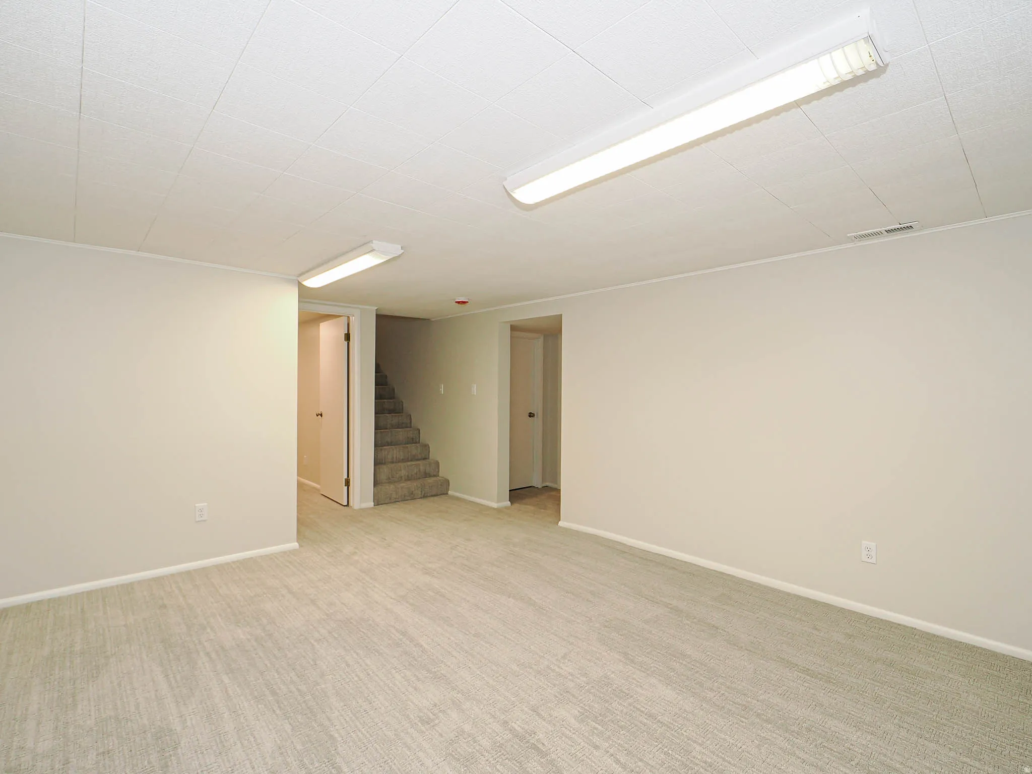 Spacious room featuring neutral carpeting and light-colored walls