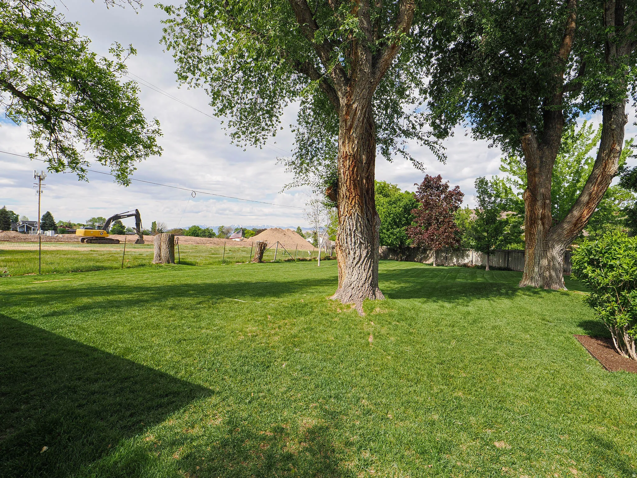 Expansive green lawn with mature trees providing shade