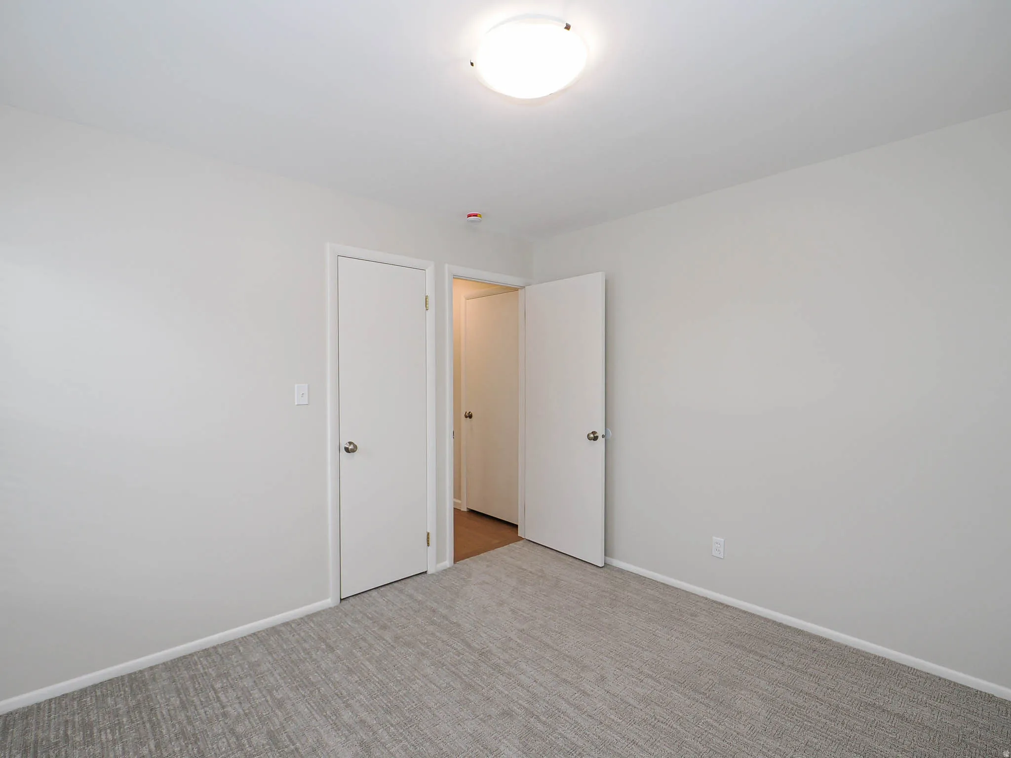 Neutral wall tones with textured gray carpeting