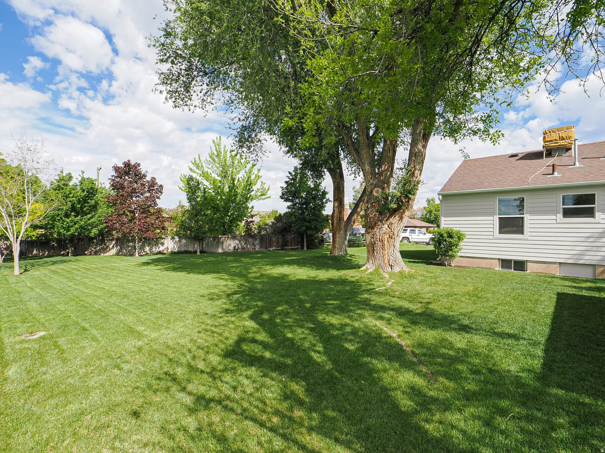 Expansive backyard featuring a manicured lawn, established shade trees, and a privacy fence