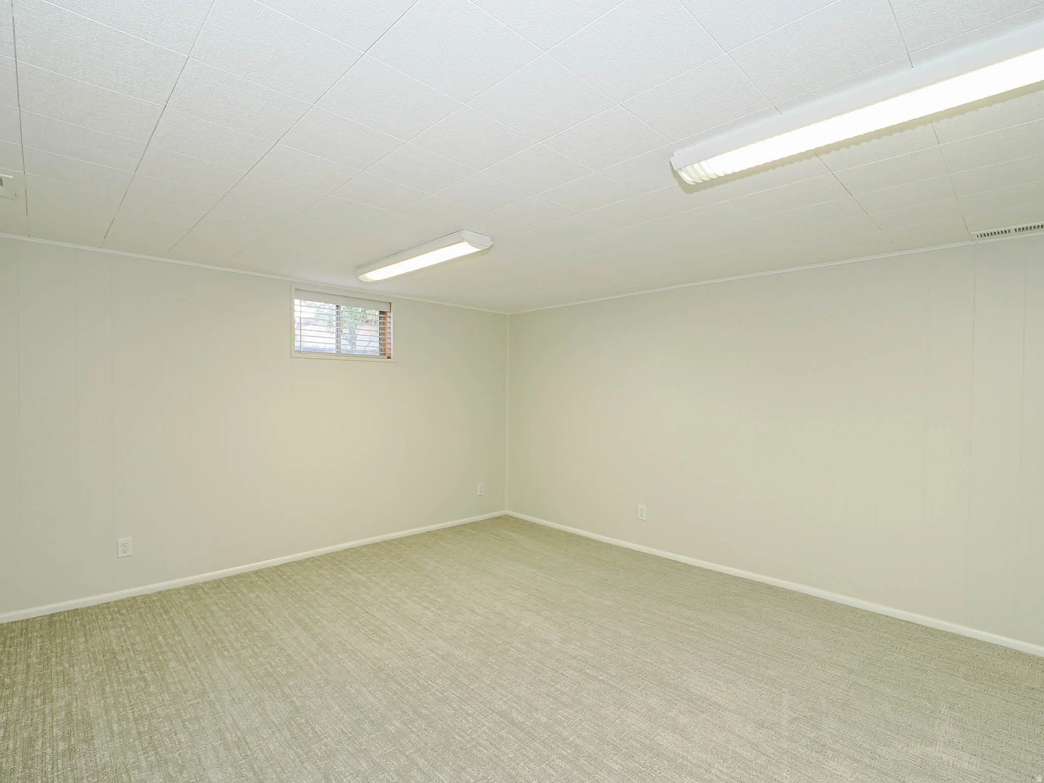 Spacious room featuring textured carpet flooring, light-colored paneled walls, and LED lighting