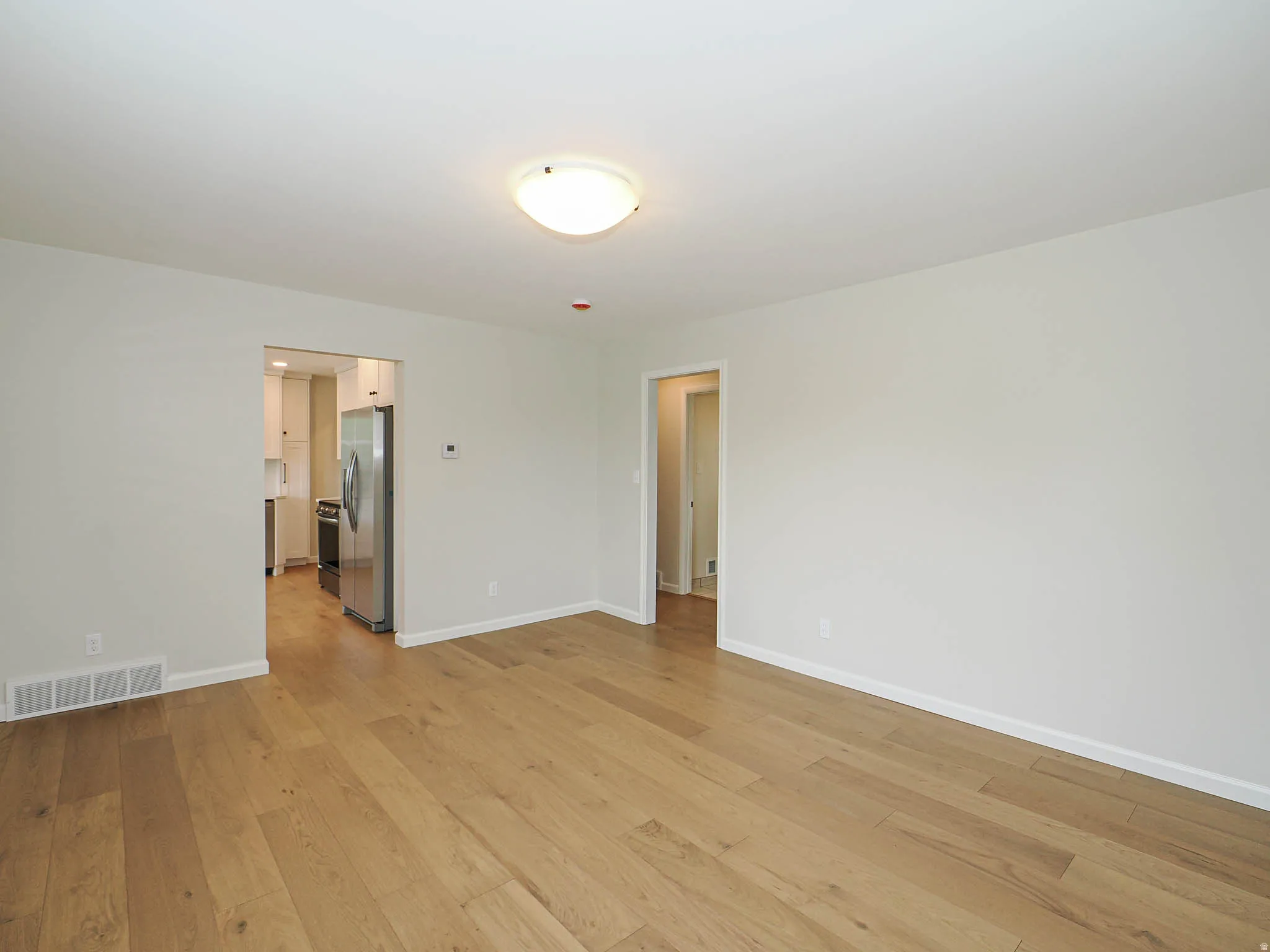 Light wood-finish flooring extending into an adjacent room