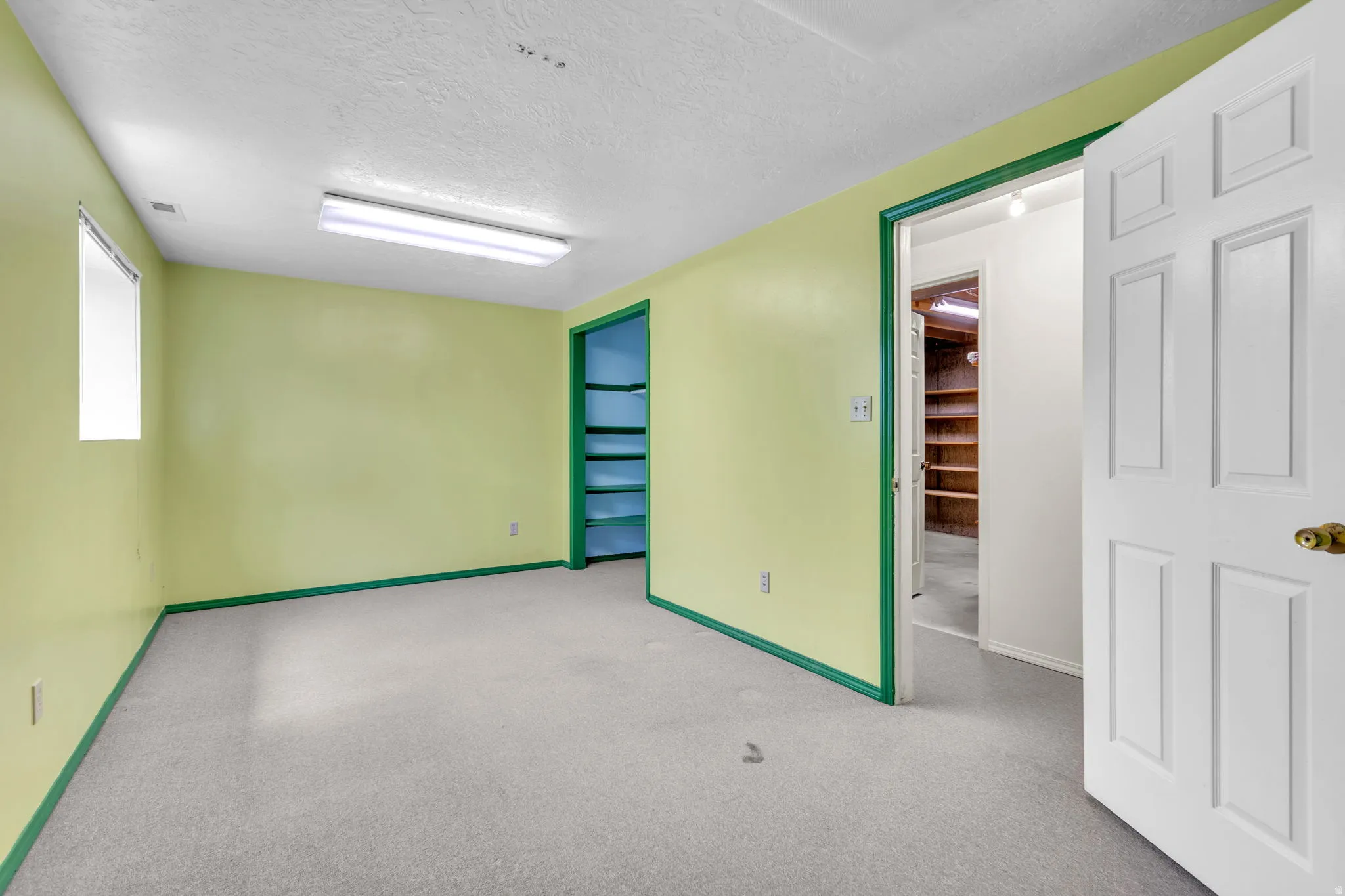 Carpeted room featuring a window, overhead fluorescent lighting, and two doorways