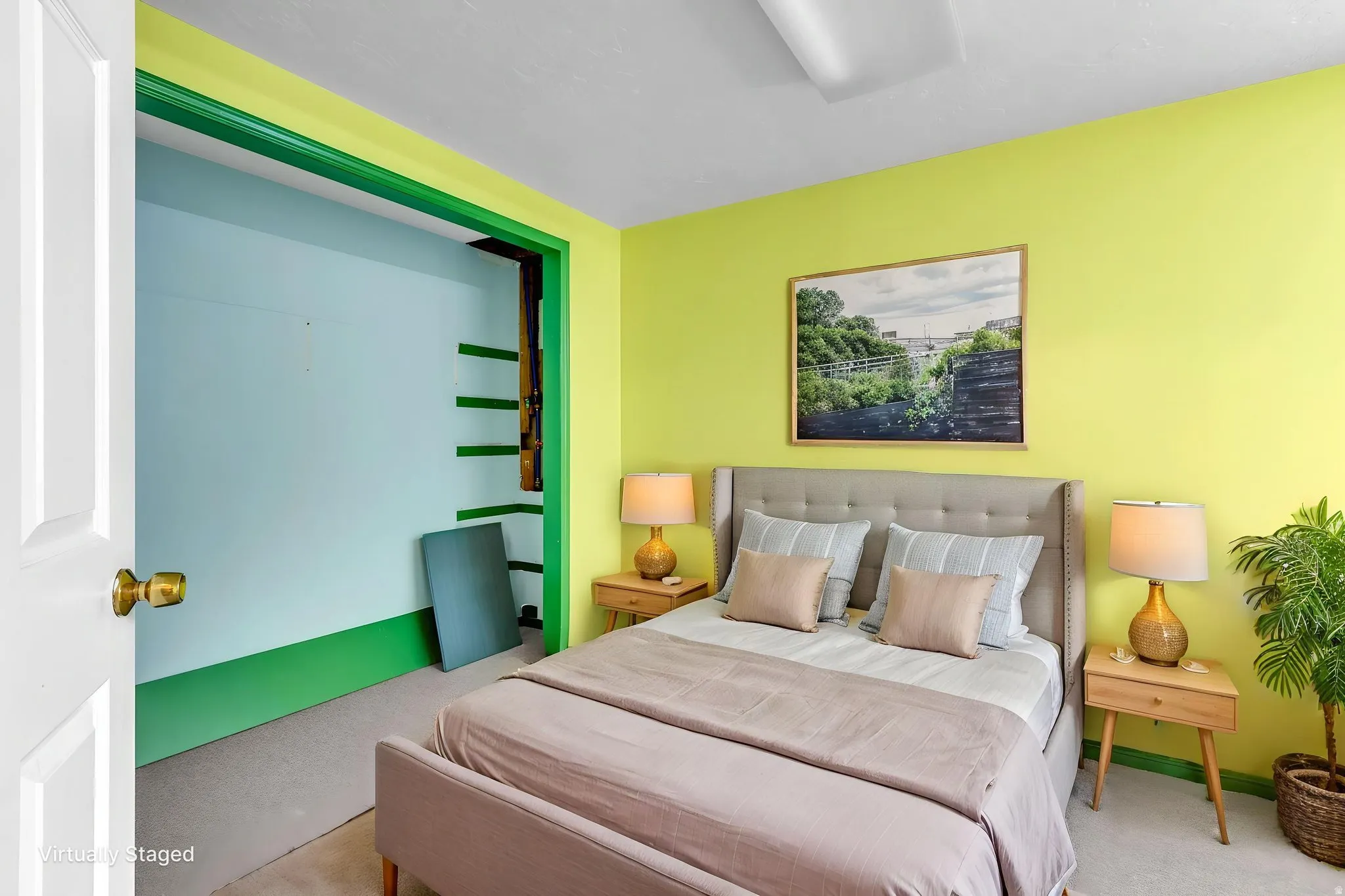 Virtually Staged -Room featuring vibrant lime green walls and light-colored carpet flooring