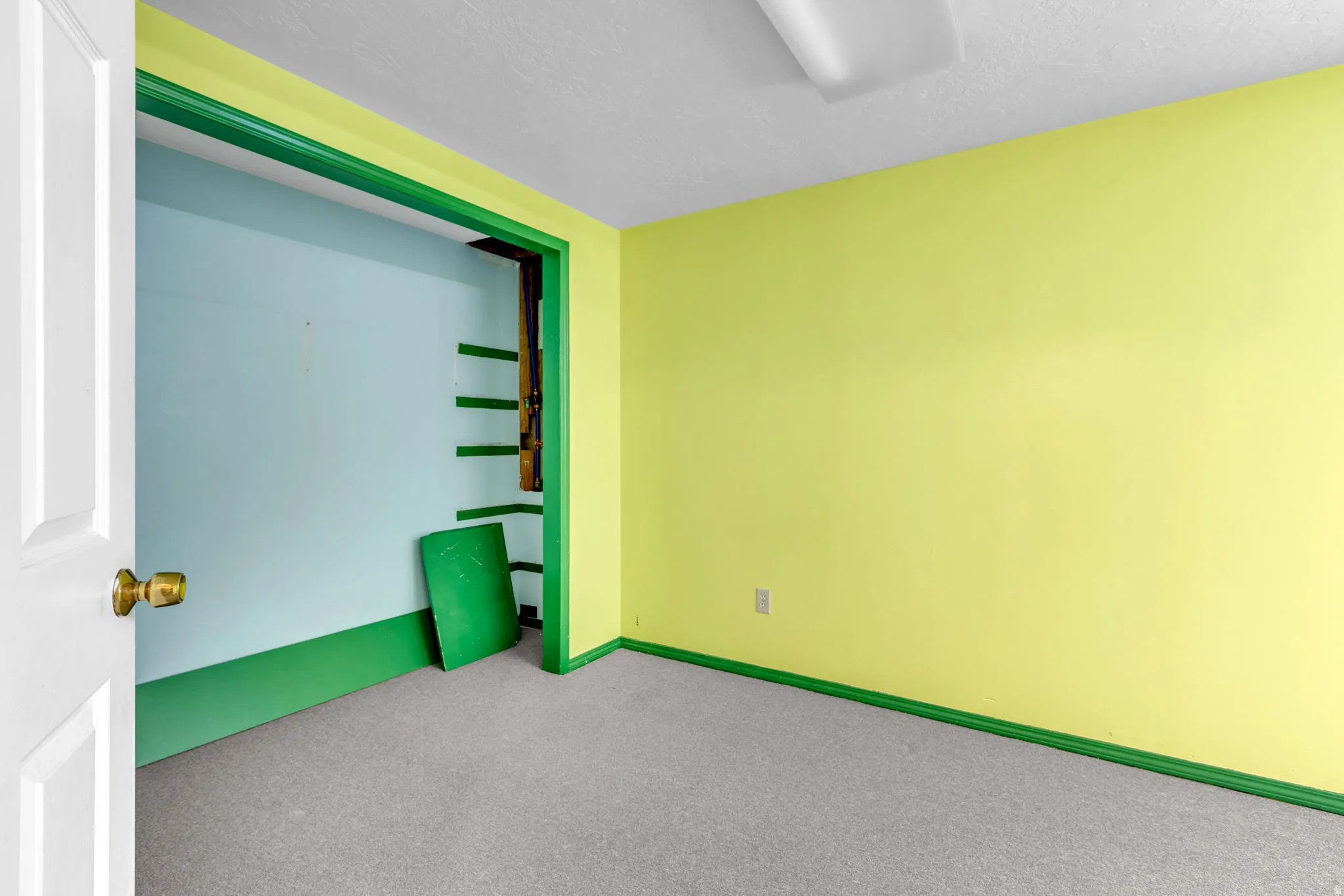 Room featuring carpet flooring, chartreuse walls, and green trim
