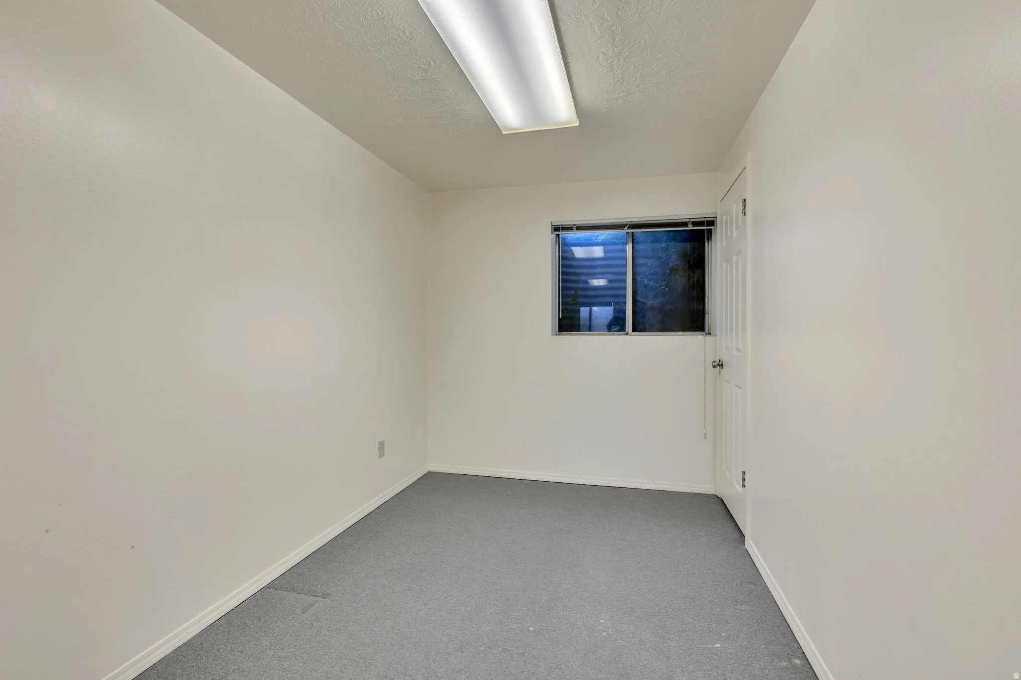 Interior room featuring white walls, gray carpet flooring, a window with horizontal blinds, a white paneled door, and a fluorescent ceiling light fixture