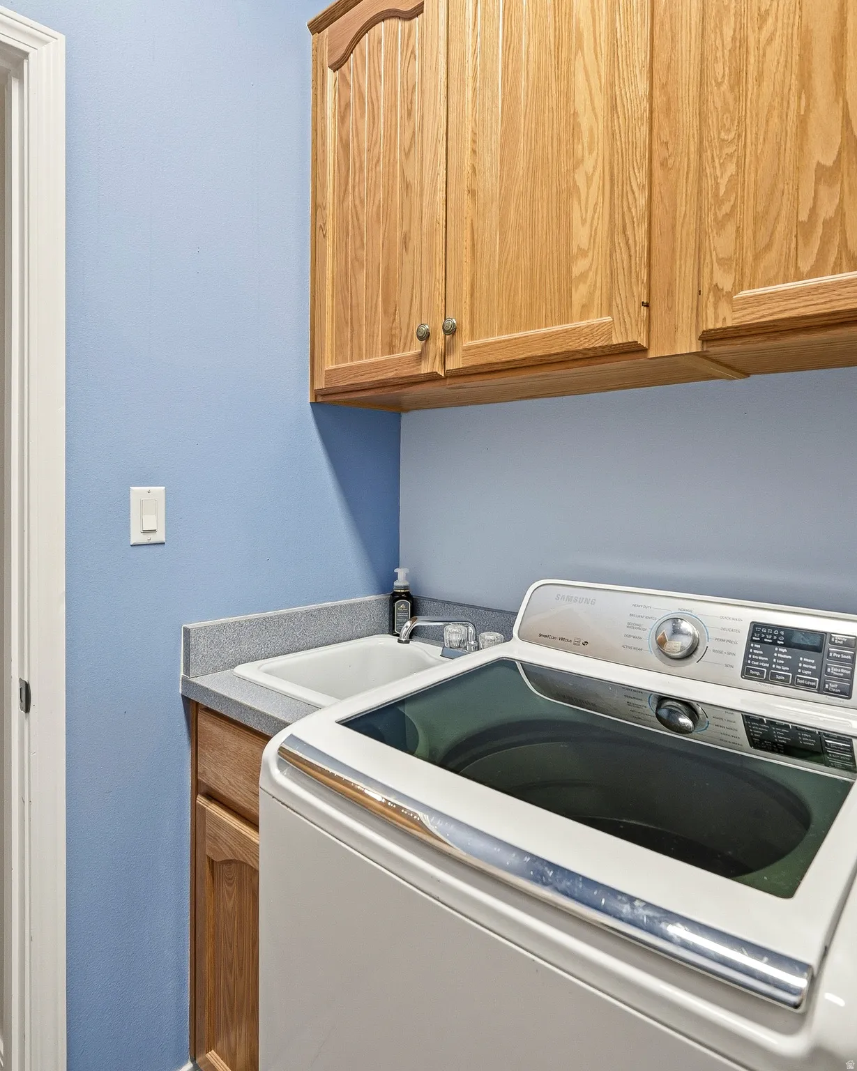 Dedicated utility area featuring wood cabinetry, a utility sink with faucet, and a countertop surface