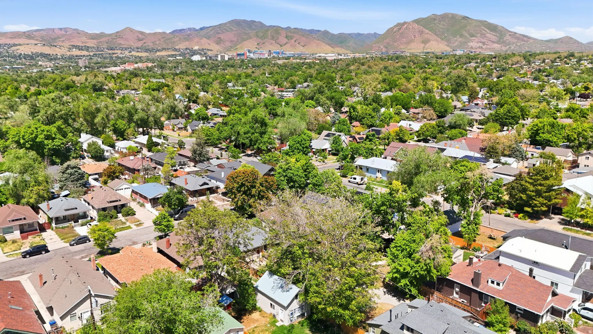Expansive neighborhood setting with abundant mature trees and residential structures under a clear sky