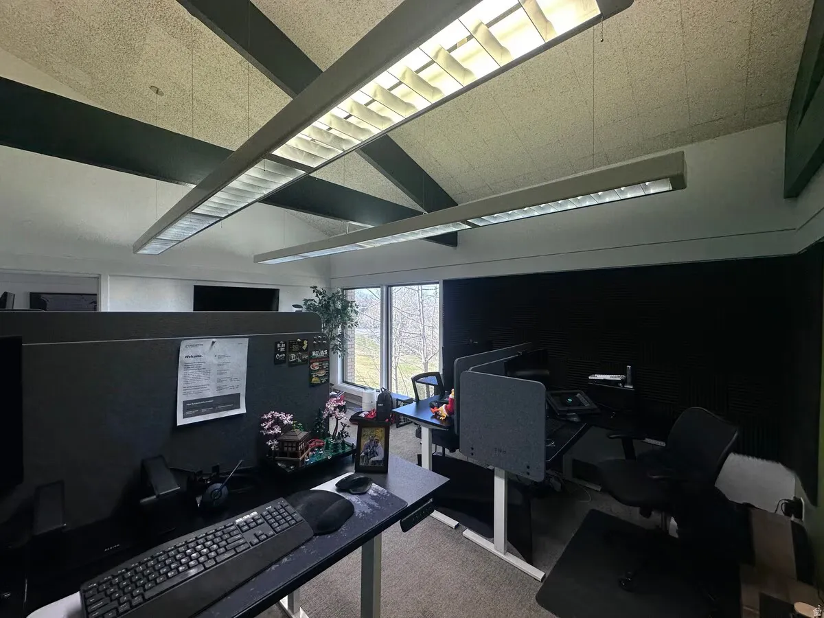 Vaulted ceiling with exposed dark-painted beams and acoustic paneling