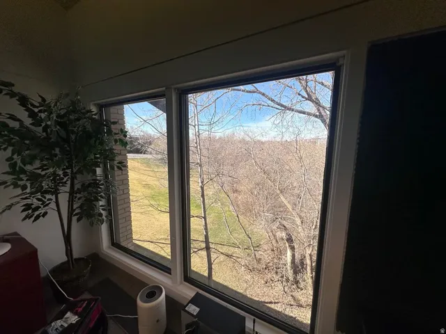 Expansive window array showcasing verdant landscaping and mature trees