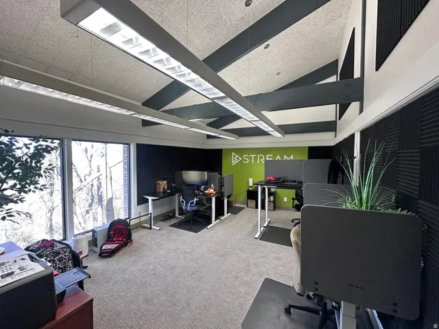 Office space featuring a textured ceiling with exposed beams, full-height windows, wall-mounted acoustic panels, and suspended linear lighting