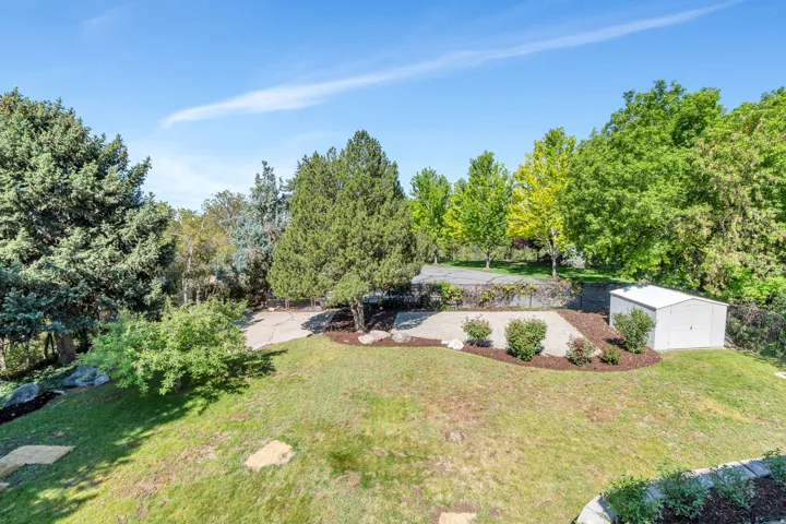 Expansive outdoor space featuring a sloped lawn, concrete patio, and a storage shed