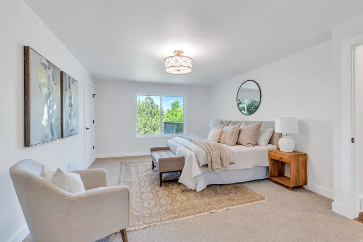 Carpeted bedroom with a single window, a ceiling-mounted light fixture, and a built-in closet with a dark door