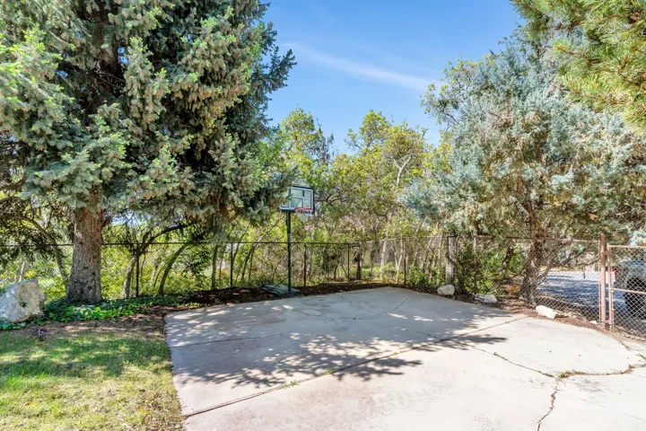 Outdoor activity area featuring a concrete pad, basketball hoop, and established perimeter fencing