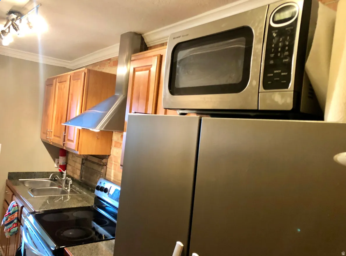 Kitchen featuring wood cabinetry, dark countertops, a stainless steel range hood, and a stainless steel microwave