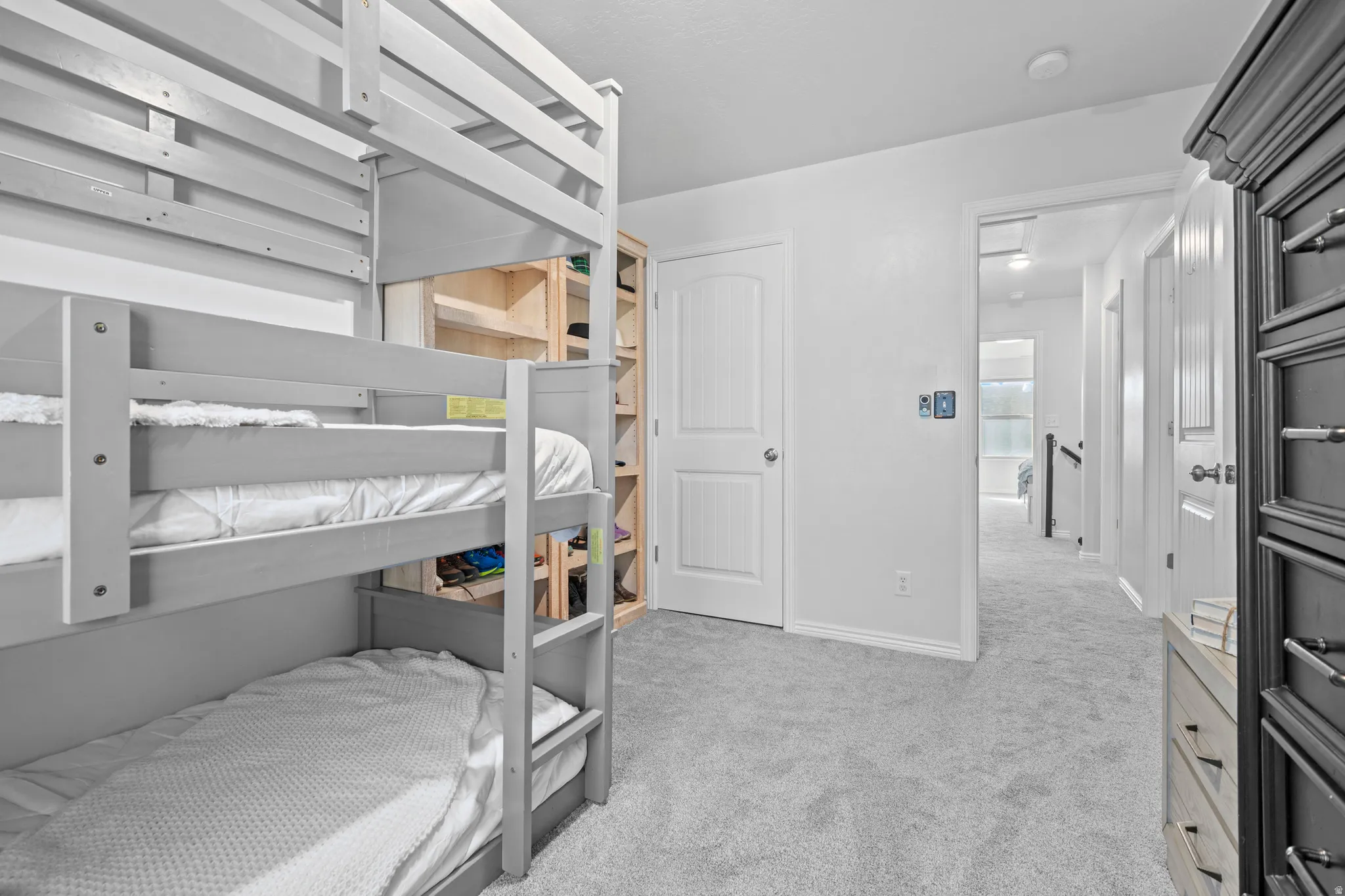 Interior room with light gray carpeting, white walls, and a built-in shelving unit
