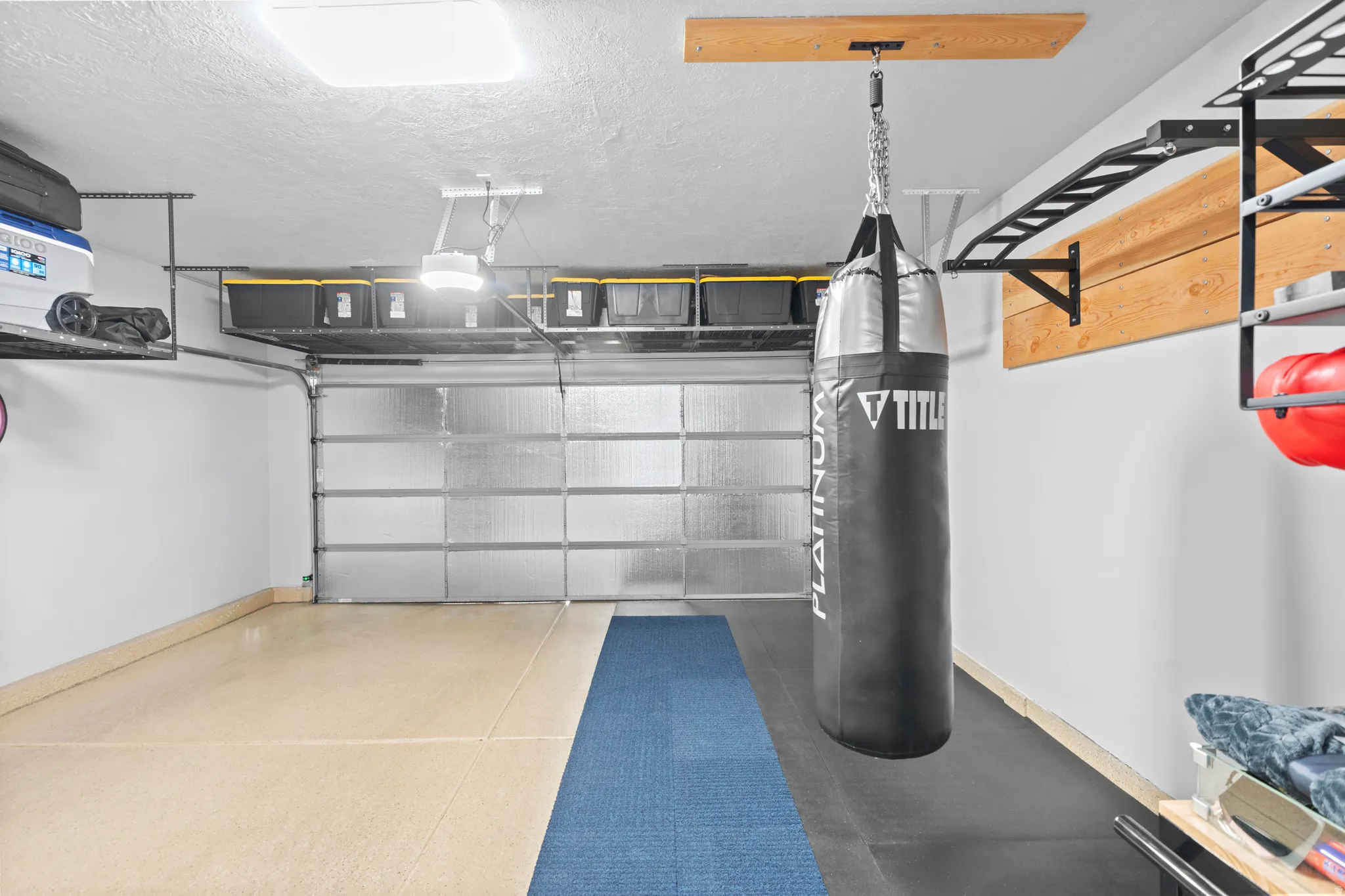 Spacious garage featuring a light-toned epoxy floor coating, white painted walls, and an insulated garage door