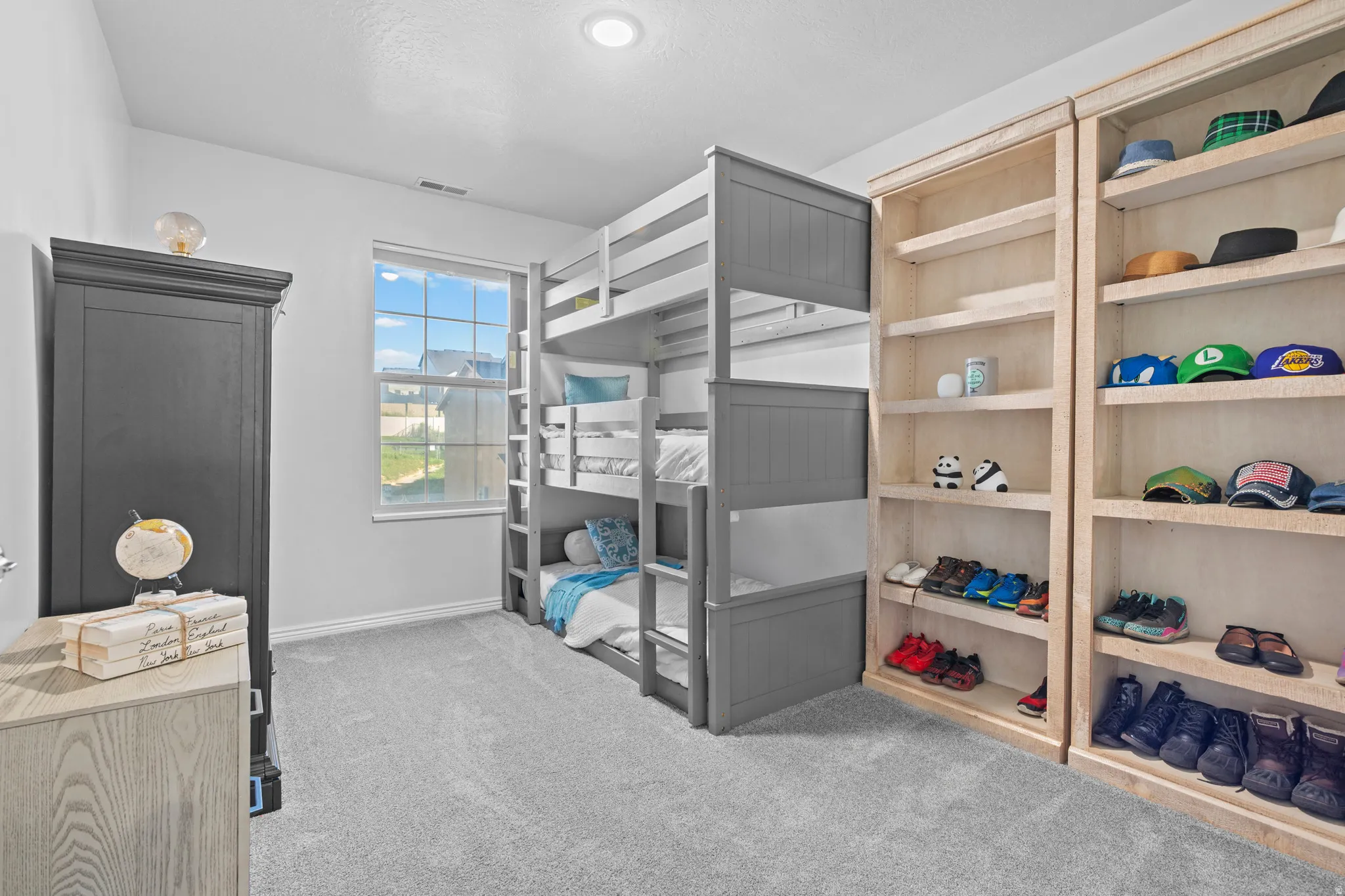 Light gray carpeting, white walls, built-in shelving, and a prominent window with grid panes