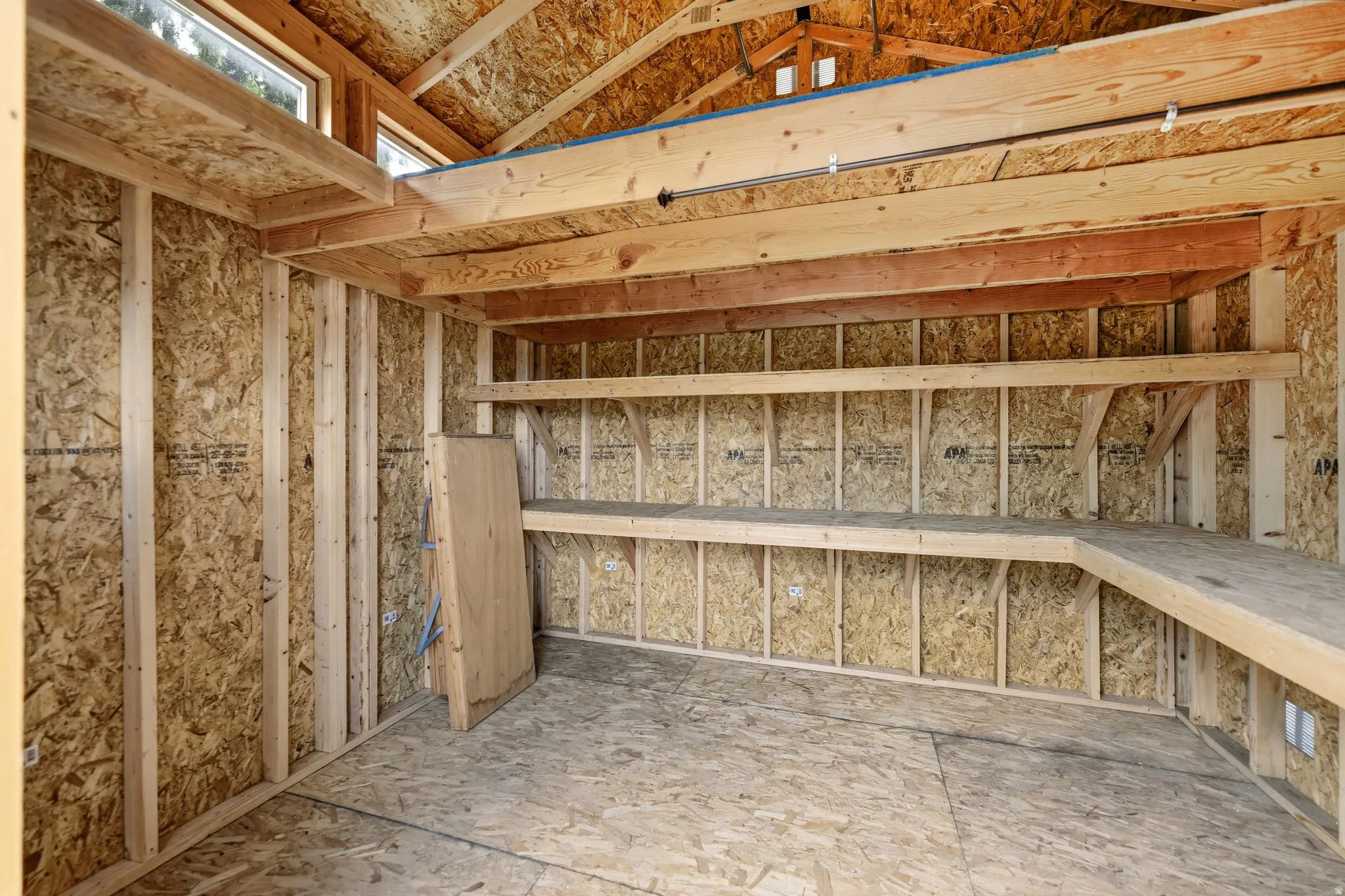 Interior of a utility shed featuring exposed wood framing, OSB wall sheathing, OSB subfloor, built-in shelving, and transom windows