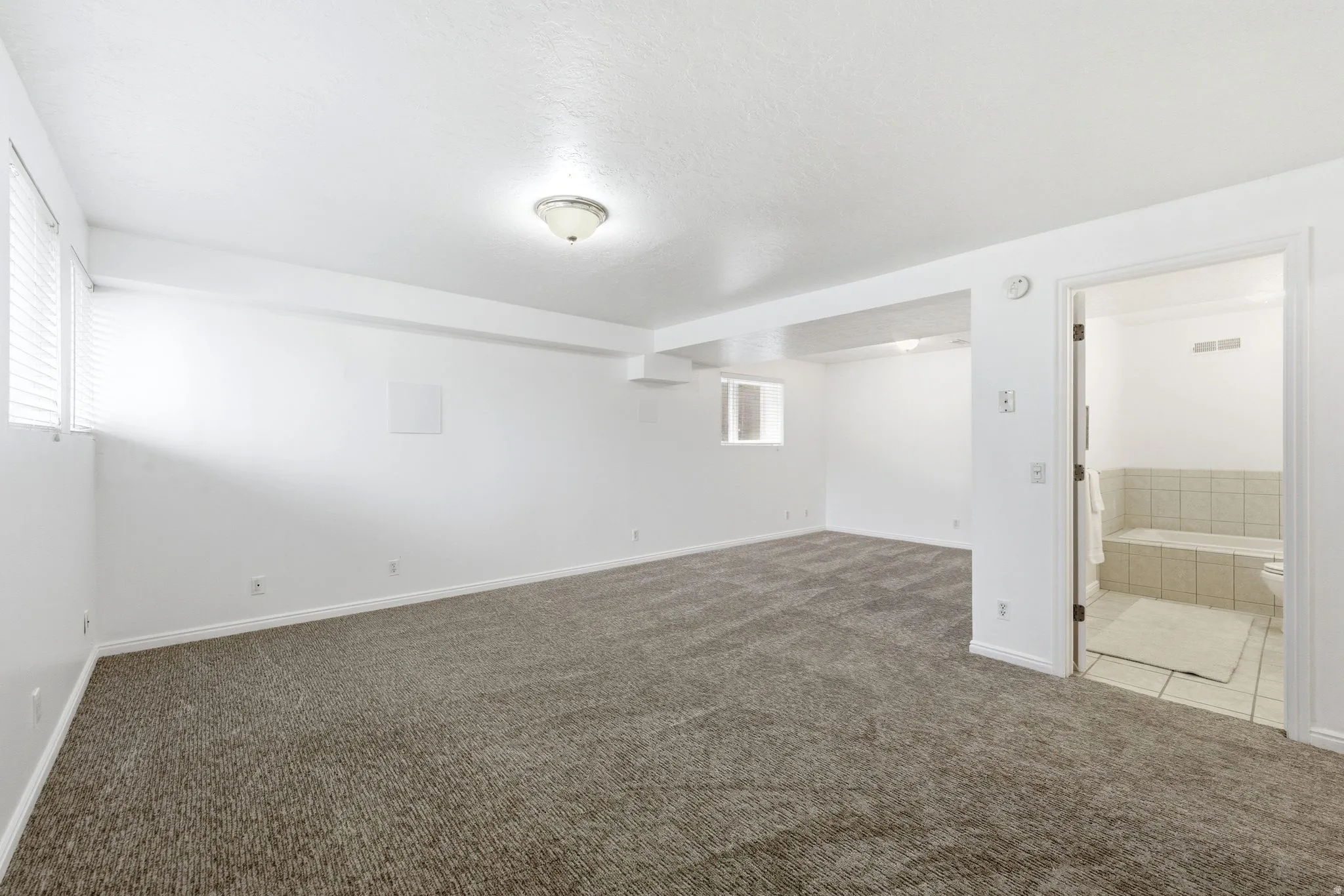 Spacious interior room featuring neutral-toned carpeting, white walls, and multiple windows with blinds