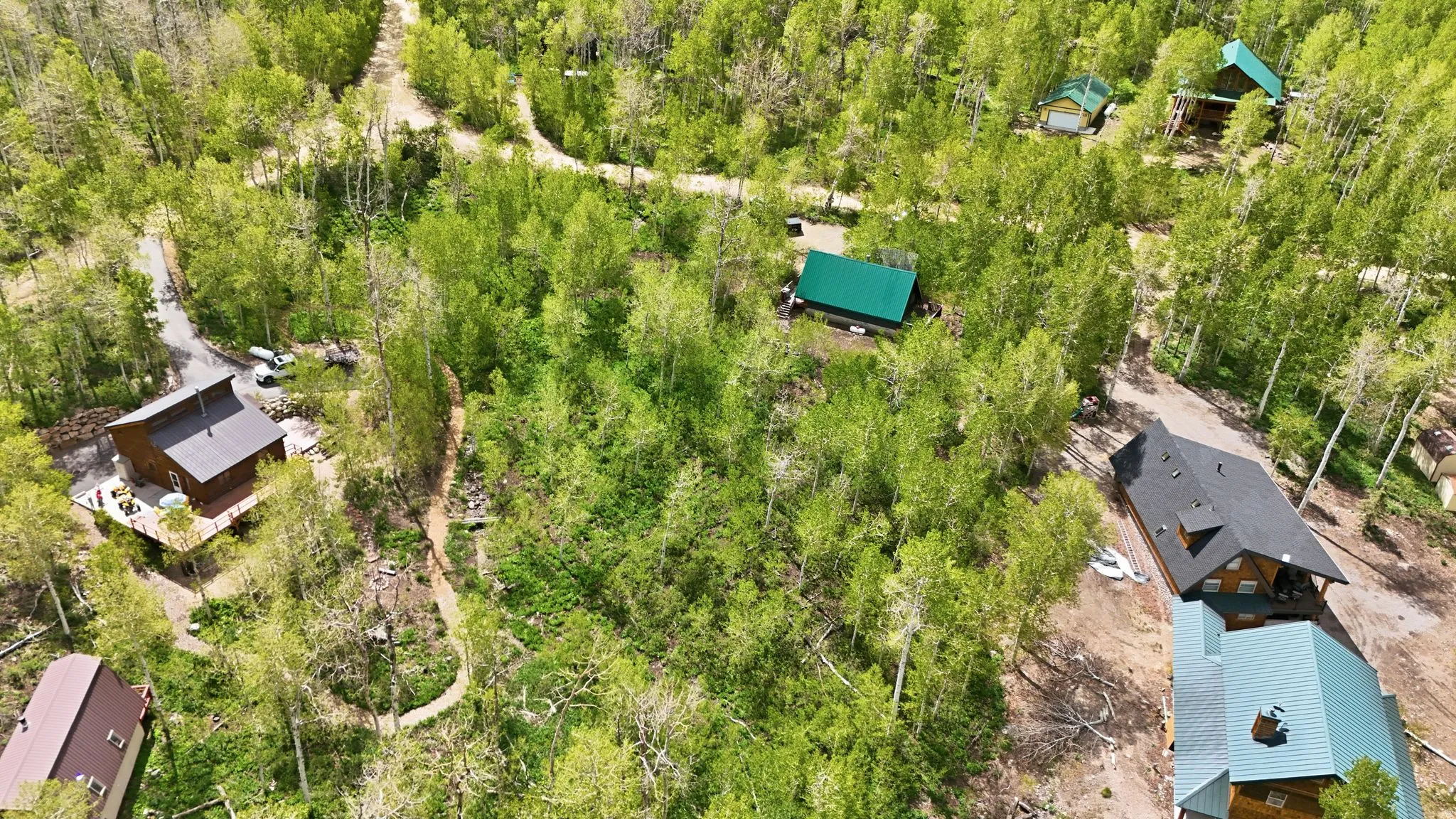 Expansive wooded property featuring multiple residences with varying architectural styles