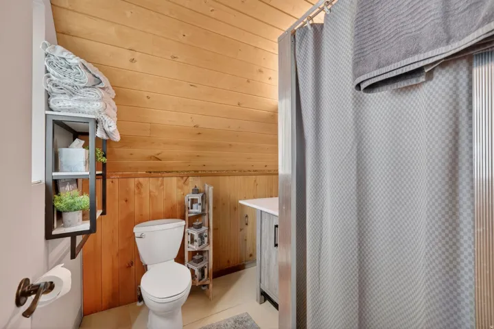 Bathroom featuring wood paneling, white toilet, vanity with integrated sink, shower with curtain, and wall-mounted shelving