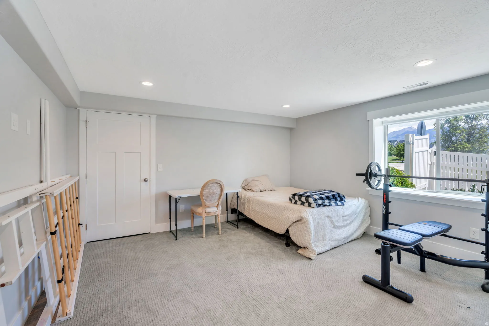 Carpeted room featuring light gray walls and a large window