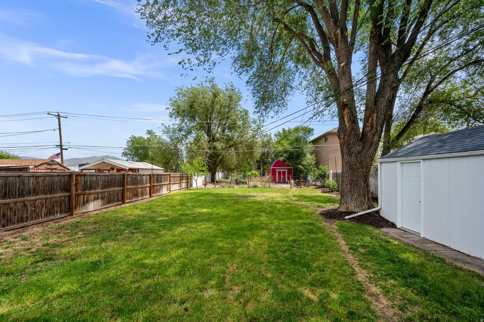 Expansive backyard featuring a large green lawn, perimeter wood fencing, mature shade tree, a white utility shed with a gray shingled roof, and a red shed in the distance