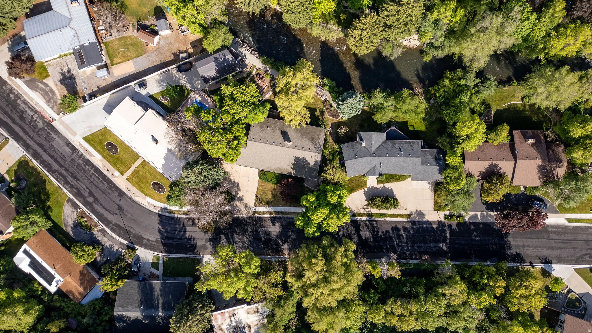 Aerial view of a residential neighborhood featuring established homes and abundant mature trees