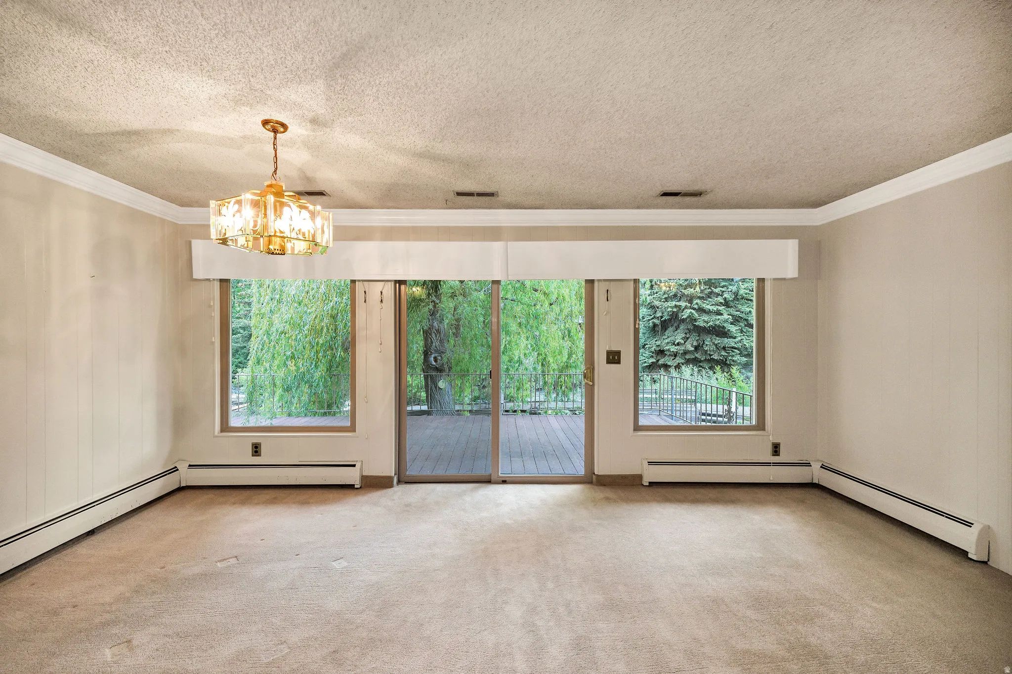 Spacious room featuring broadloom carpeting and light-toned walls