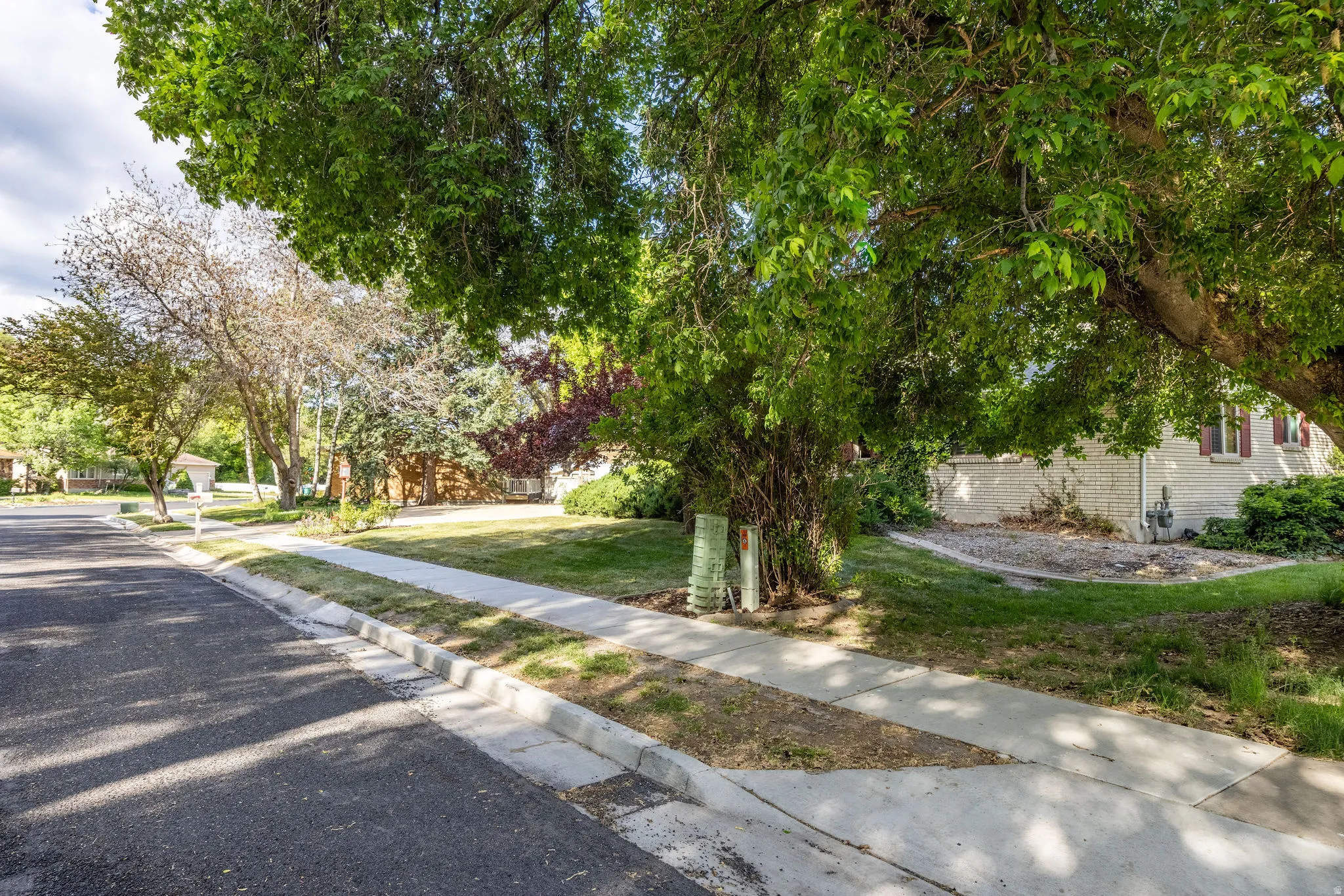 Mature trees frame the front yard and a portion of the white brick exterior