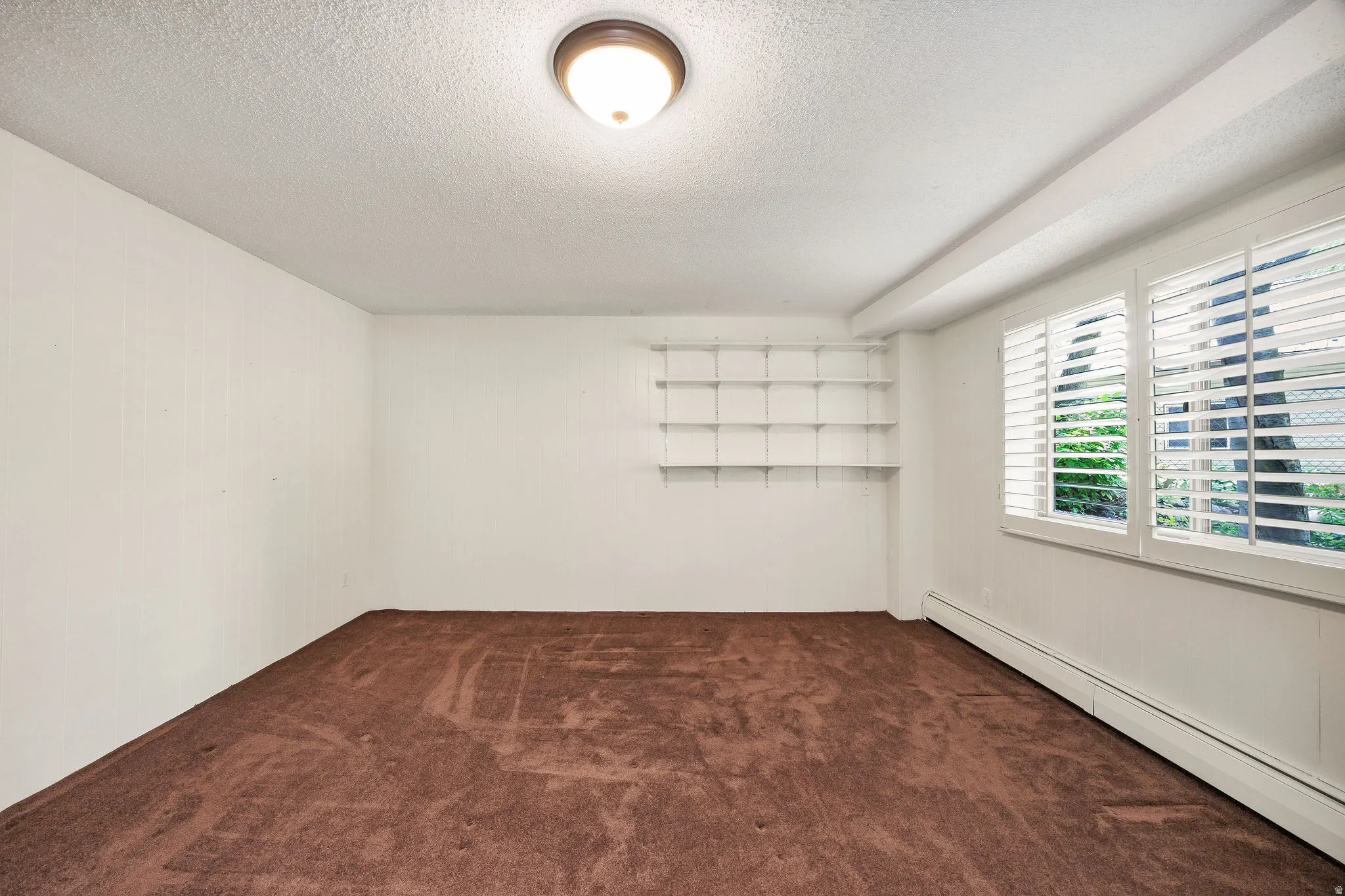 Spacious room with plush brown carpeting, integrated wall shelving, two windows featuring white plantation shutters, and a ceiling-mounted light fixture