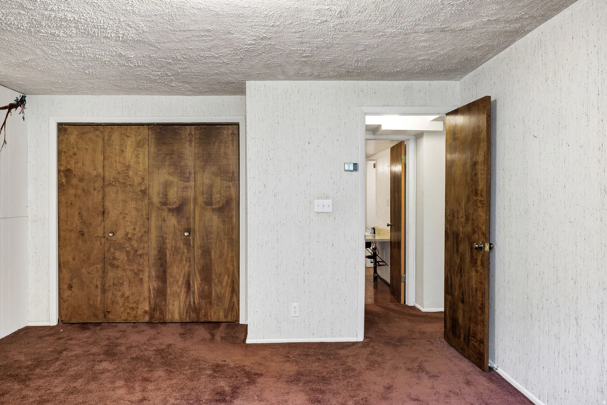 Brown carpeted flooring and textured wall finishes