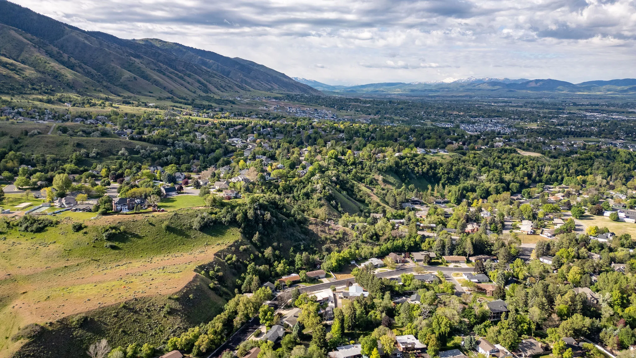 Expansive aerial perspective showcasing a verdant valley setting with a dense tree canopy