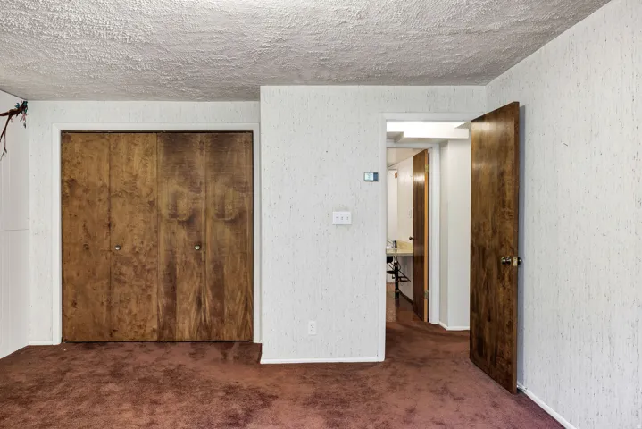 Brown carpeted flooring and textured wall finishes
