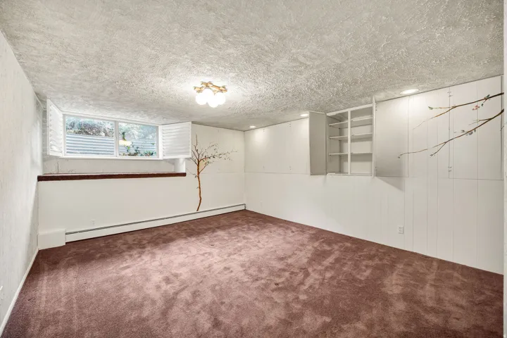 Spacious room featuring carpeting, a multi-pane window with plantation shutters, built-in shelving, and recessed lighting, with additional flush-mount lighting