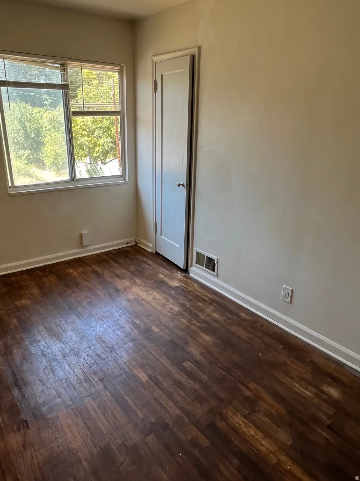 Room featuring dark wood-finish flooring, light-toned walls, and a single window with horizontal blinds