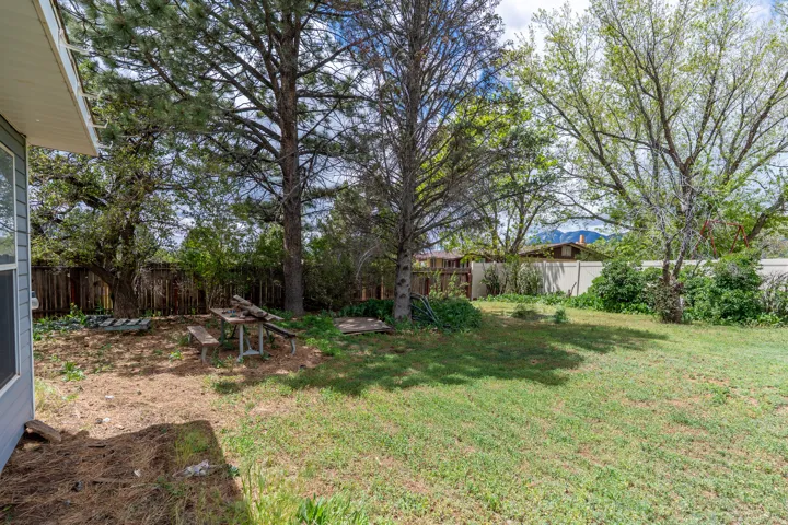 Expansive backyard featuring a lush lawn, mature trees, wood privacy fencing, and mountain scenery
