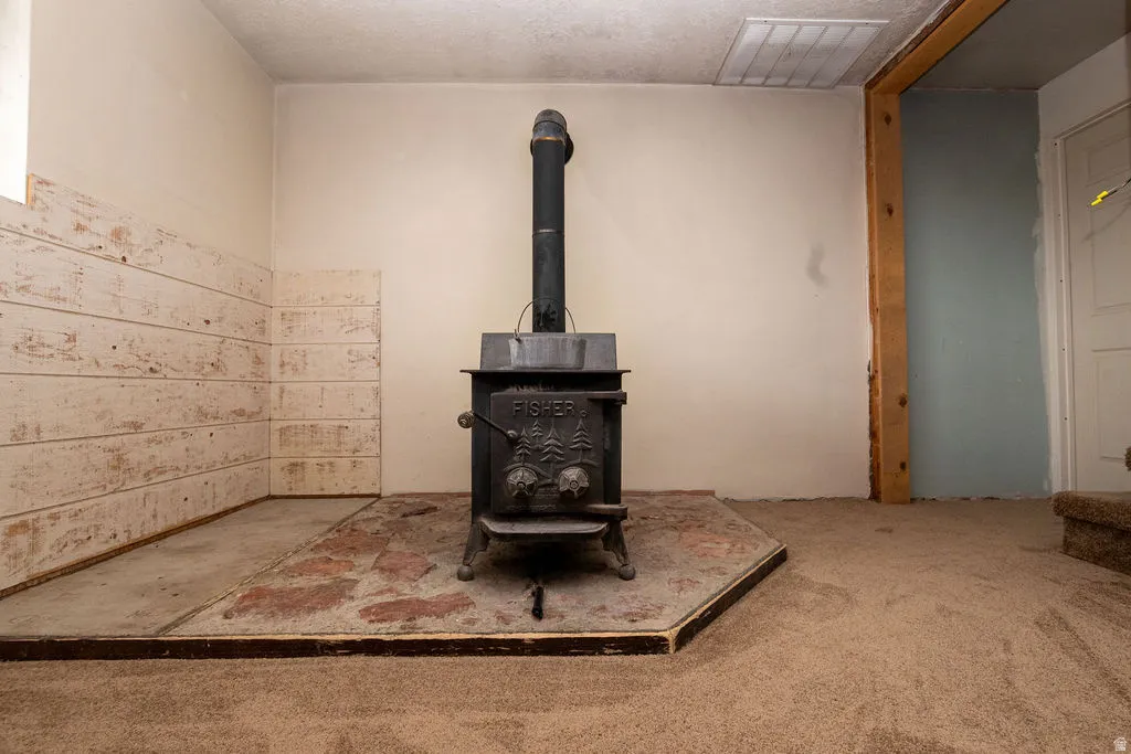 Cast iron wood-burning stove with a stone and concrete hearth