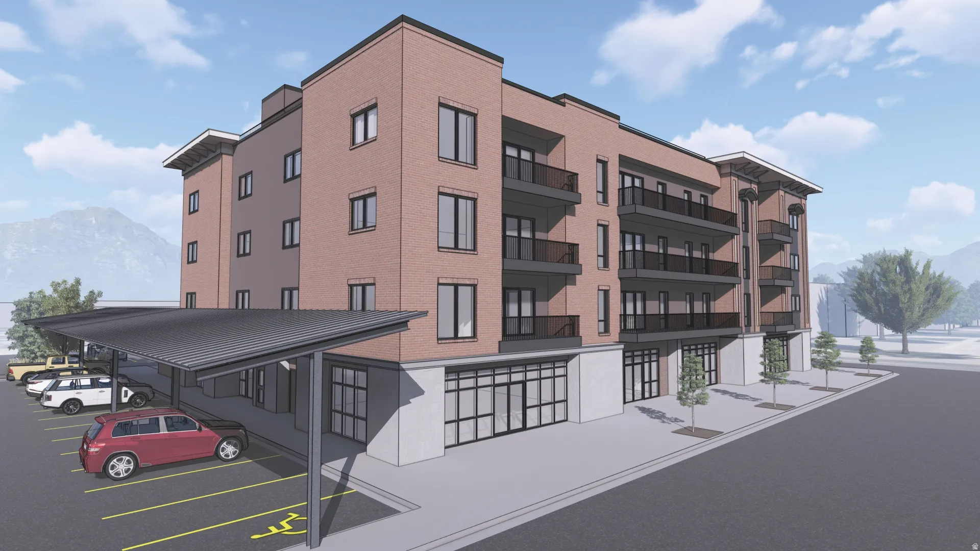 Contemporary multi-story building featuring a brick facade and ground-level commercial spaces
