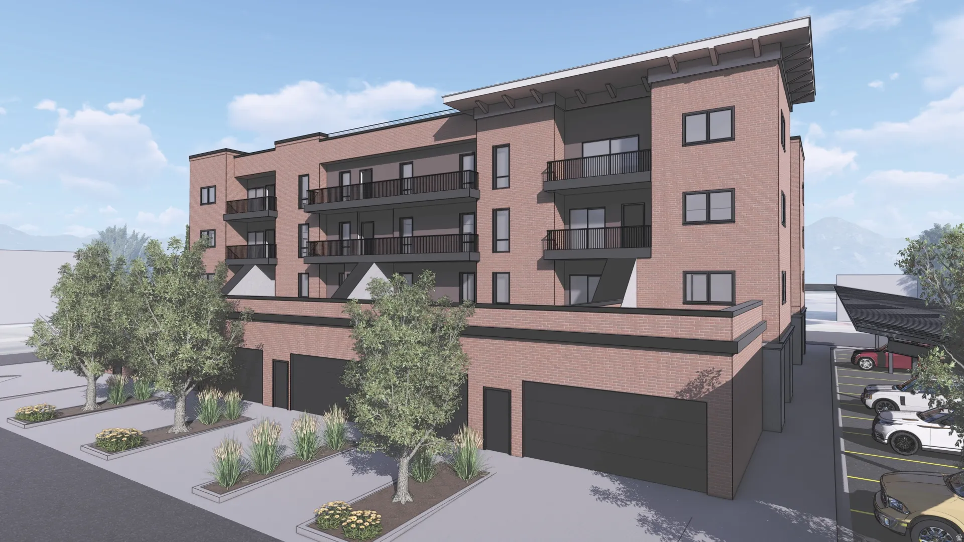 Contemporary brick multi-story building featuring multiple private balconies with dark railings