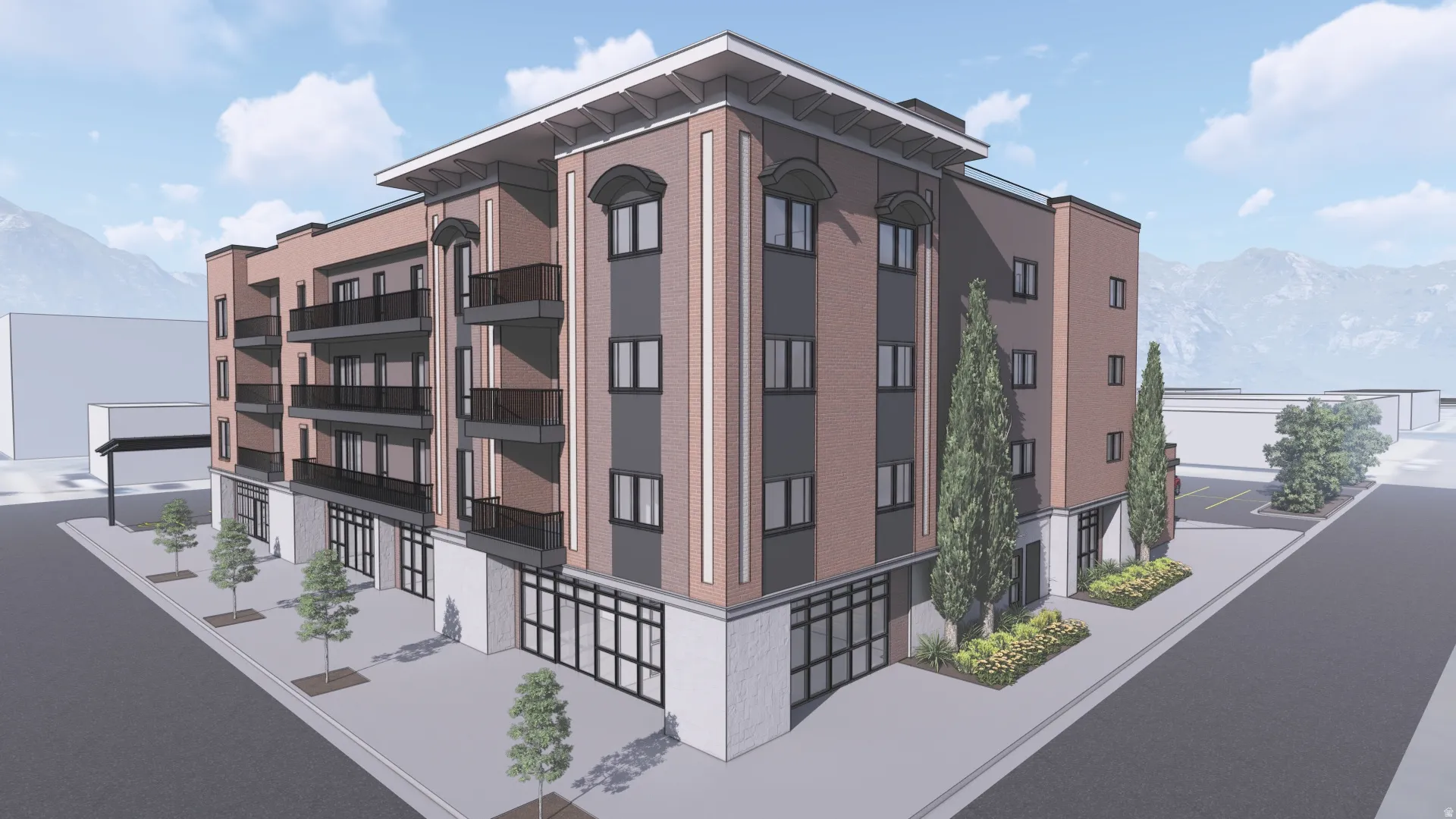 Modern multi-story building featuring a brick and panel facade