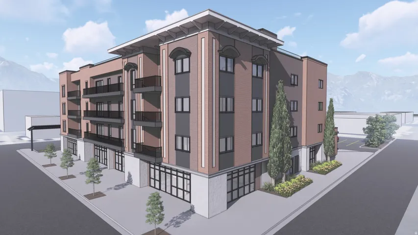 Modern multi-story building featuring a brick and panel facade