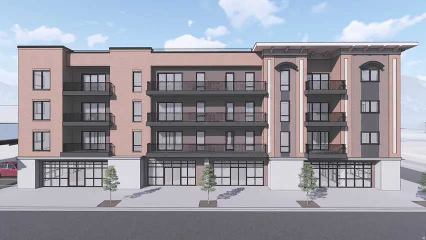 Multi-story facade featuring brick and stucco finishes