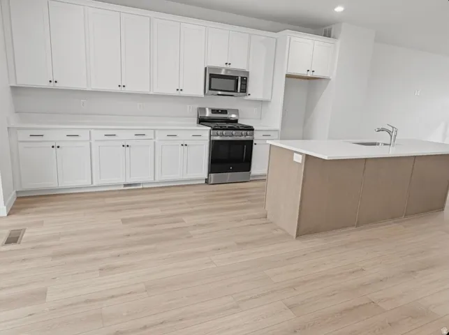 Modern kitchen featuring white shaker cabinetry, stainless steel appliances, light wood-finish flooring, a contemporary island with a built-in sink, and light-toned countertops