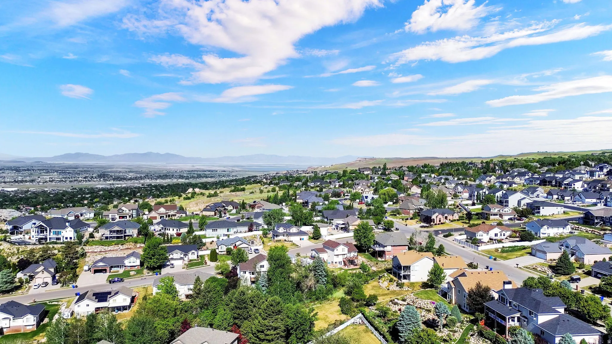 Expansive neighborhood showcasing a variety of architectural styles, mature landscaping, and clear skies overhead