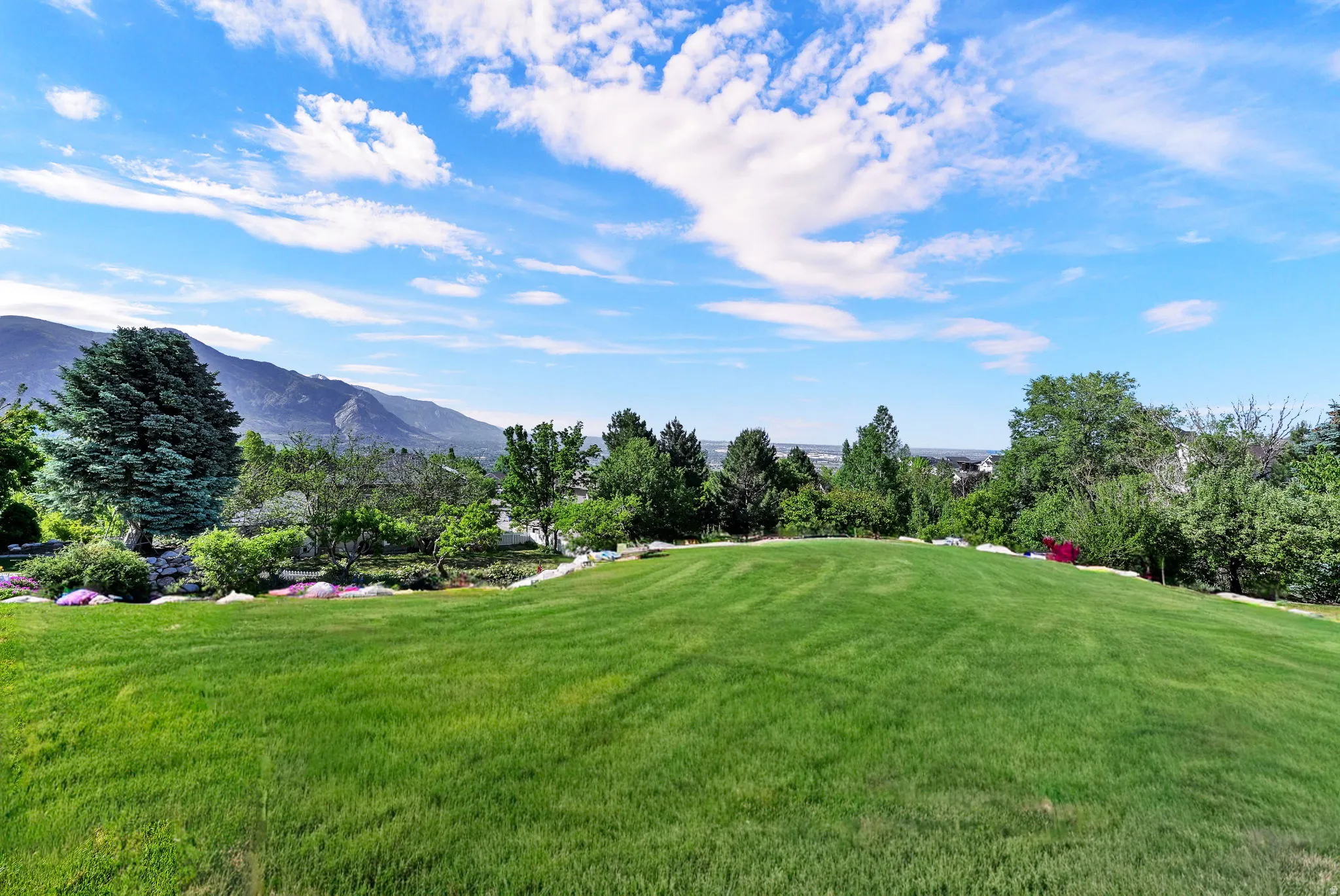 Expansive lawn area with a mountain backdrop, mature trees, and landscaped borders
