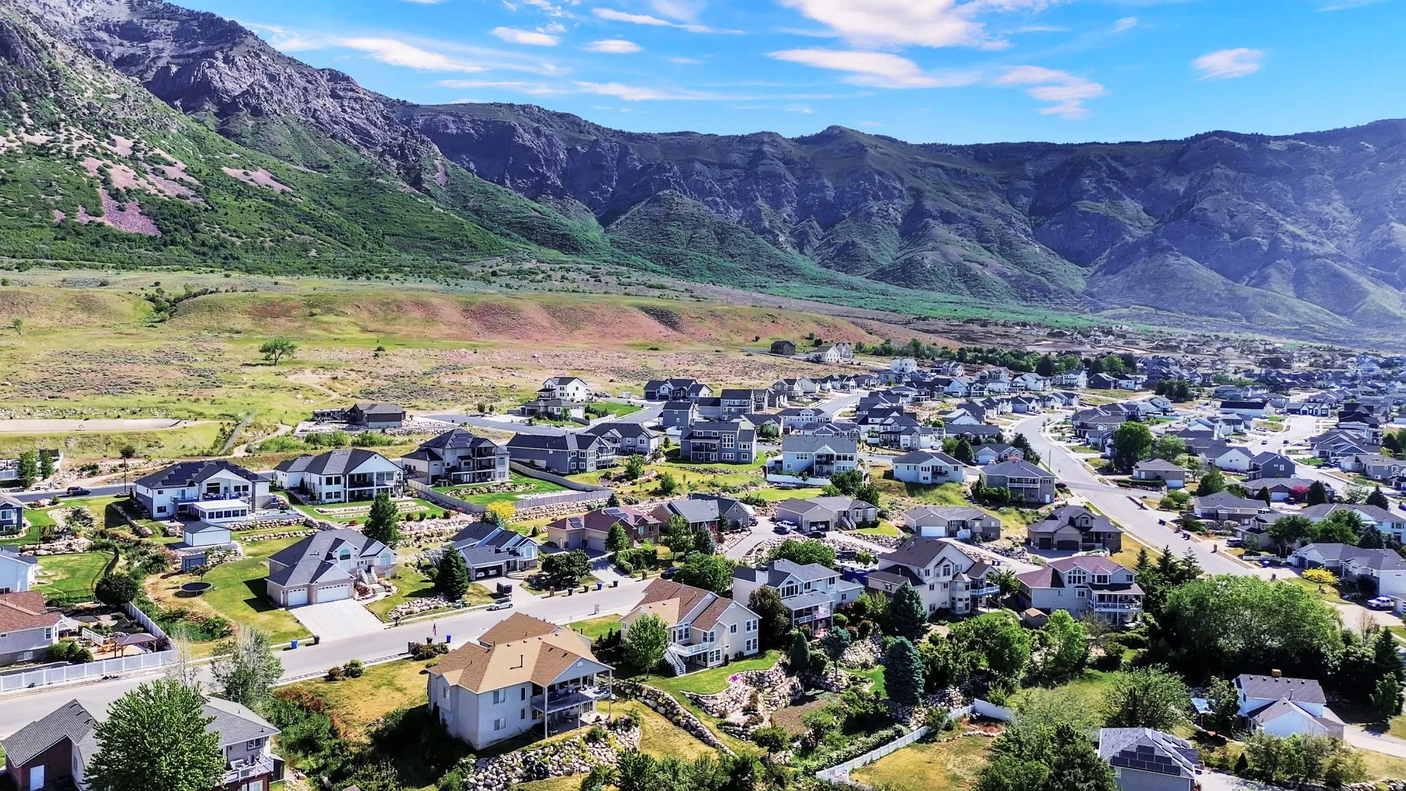 Residential community with diverse architectural styles, featuring established landscaping and paved roadways
